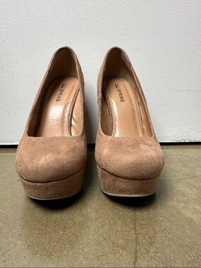 Call it spring Tan Suede Platform Pumps